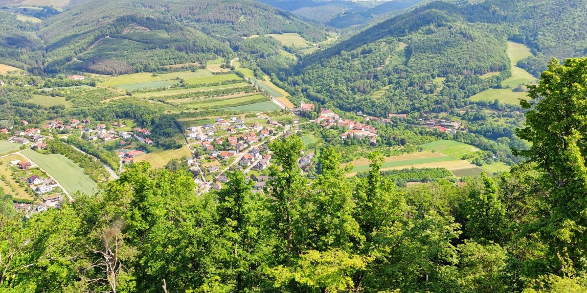 Dorf und bewaldete Hügel